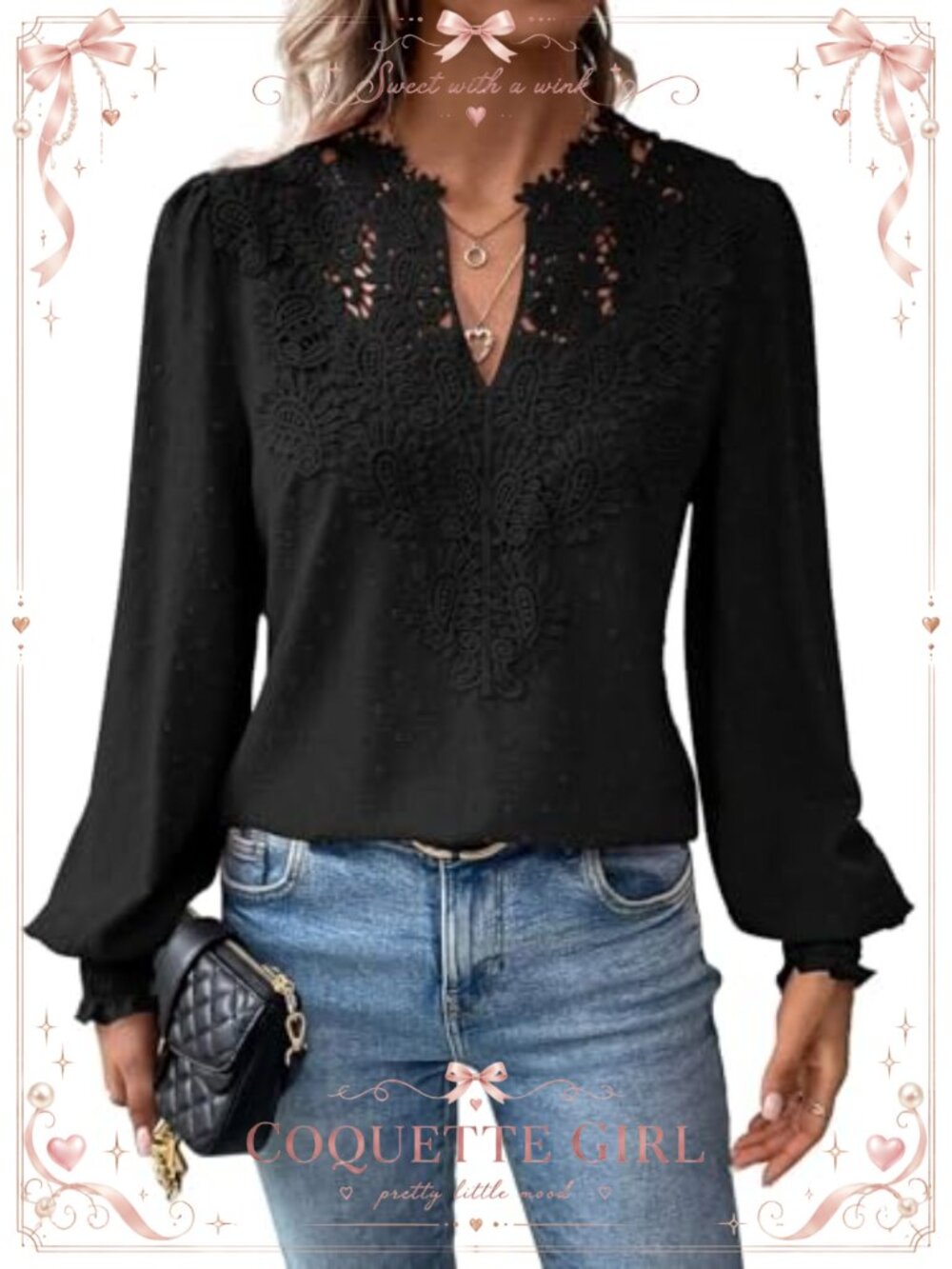 Women's Boho Long Sleeve V Neck Lace Floral Blouse